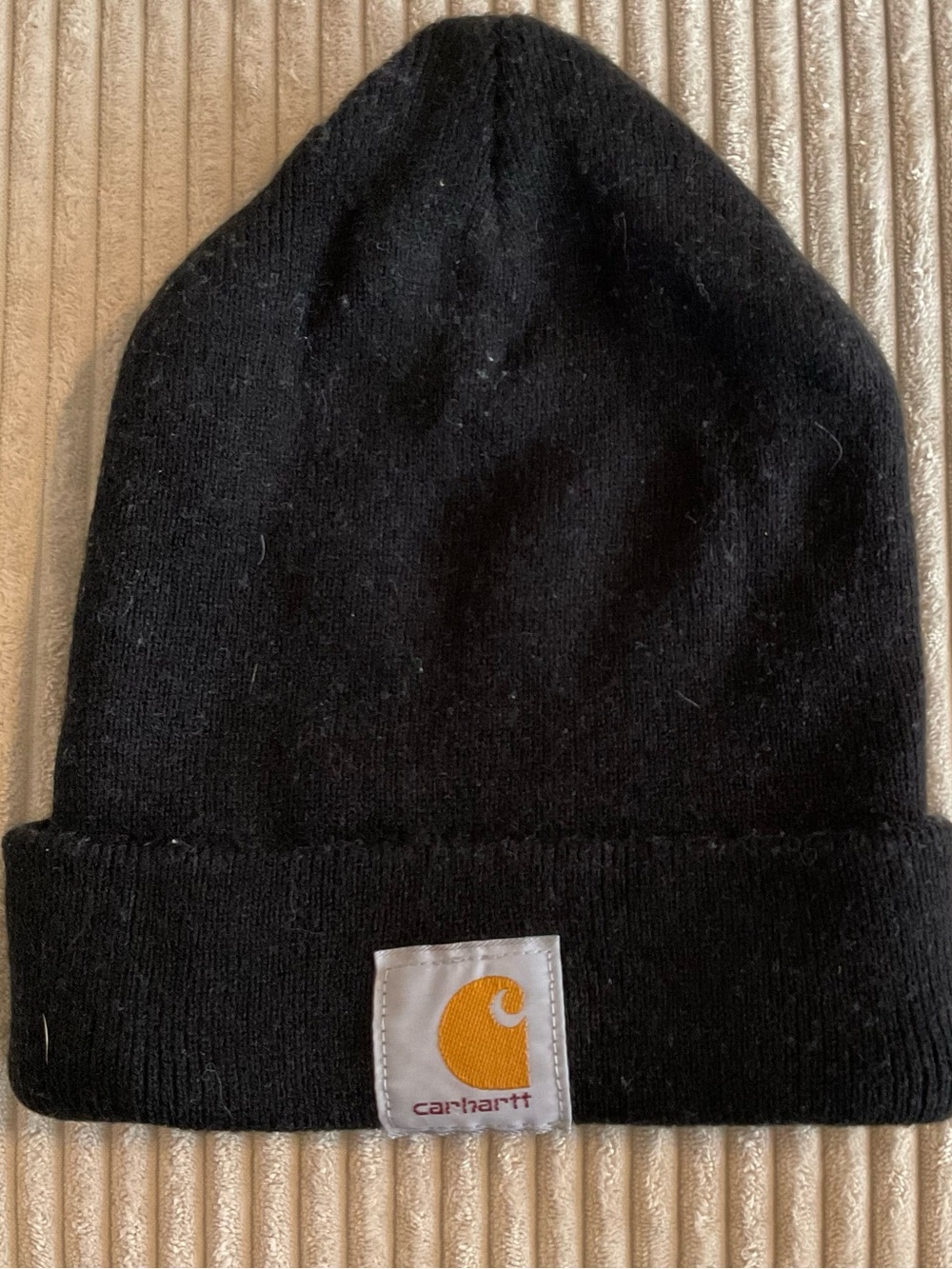 Carhartt Black Knit Beanie with Yellow Logo Patch